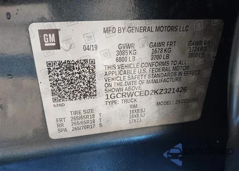 2019 Chevrolet Silverado 1500 Lt z USA, uszkodzony, nr VIN 1GCRWCED2KZ321426